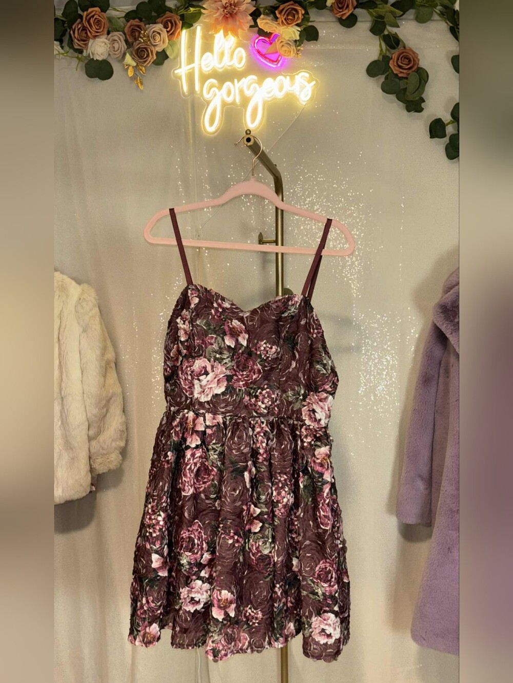 NWT BCX Size 7 Plum-Pink Burgundy Floral Spaghetti-Strap Mini Dress - Picture 3 of 9